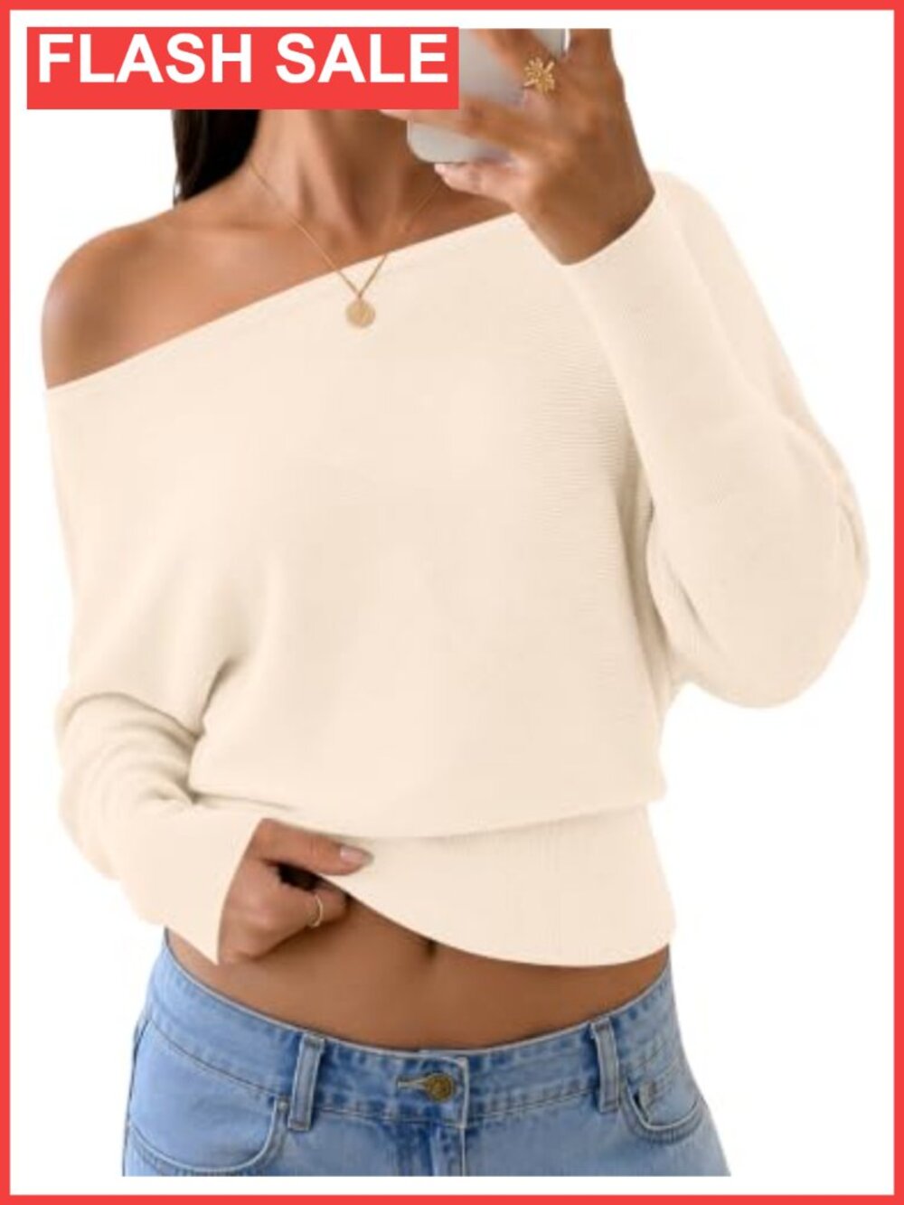 Off the Shoulder Knit Sweater Batwing Sleeve Pullover